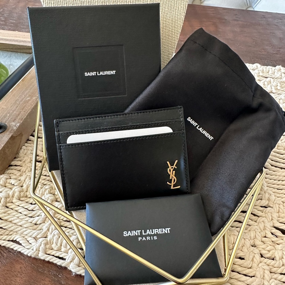 YSL Tiny Cassandre Credit Card Case In Black/Gold - New With Tags, Box, Pouch